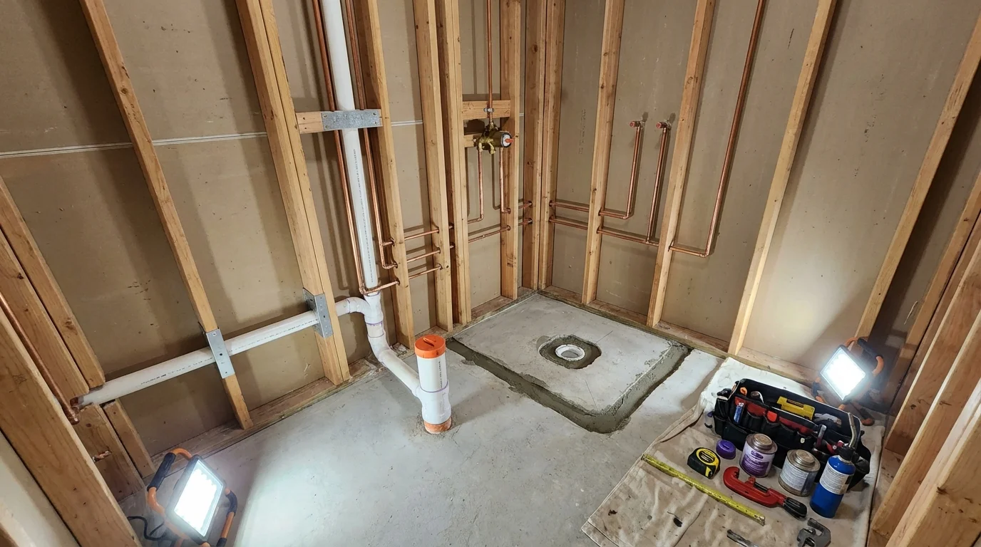 Bathroom rough-in plumbing during remodel by Johns Plumbing LLC in Linden