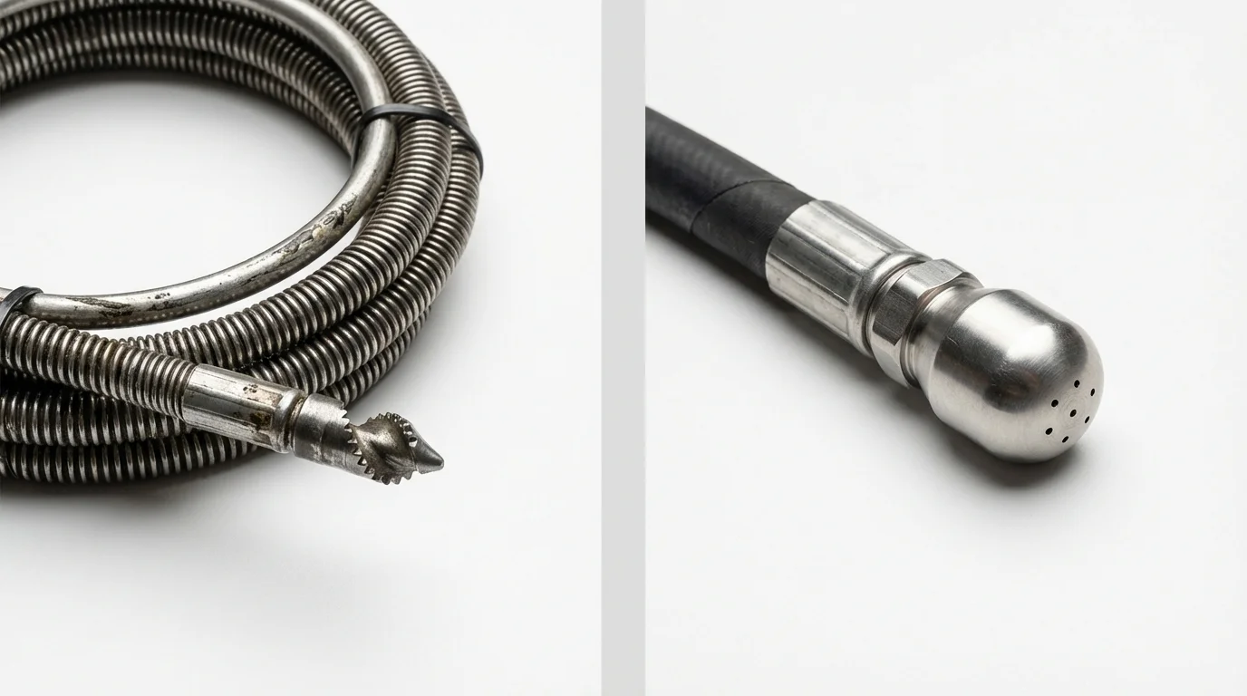Drain snake cable and hydro jetting nozzle used for drain cleaning in Linden, AL