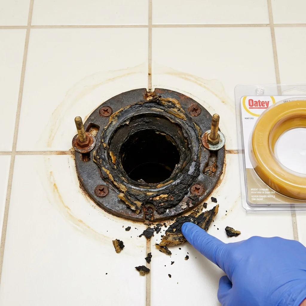 Failed wax ring showing water seepage at the base of a toilet in a Linden, AL home