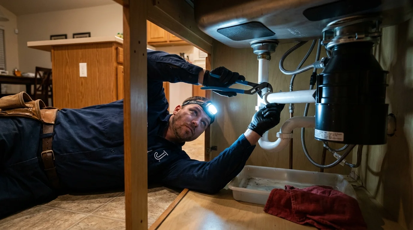 P-trap and supply line connections under a kitchen sink showing a common leak point in Linden, AL